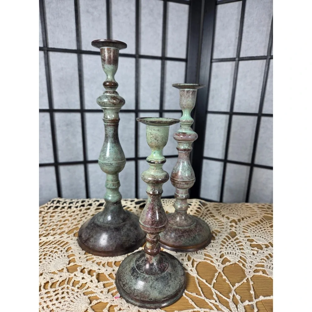 Set of 3 Verdigris Patina Metal Taper Candlestick Holders Made in India Spindle